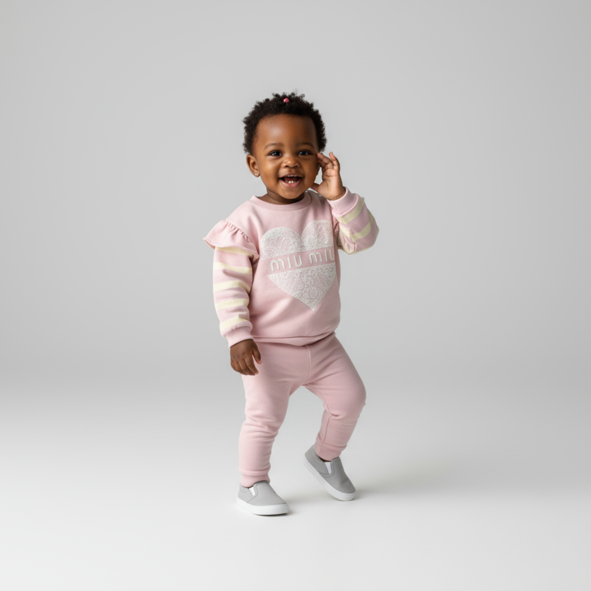 Girls jogger set in 100% cotton with a striped heart top and elastic waist pants — view 3