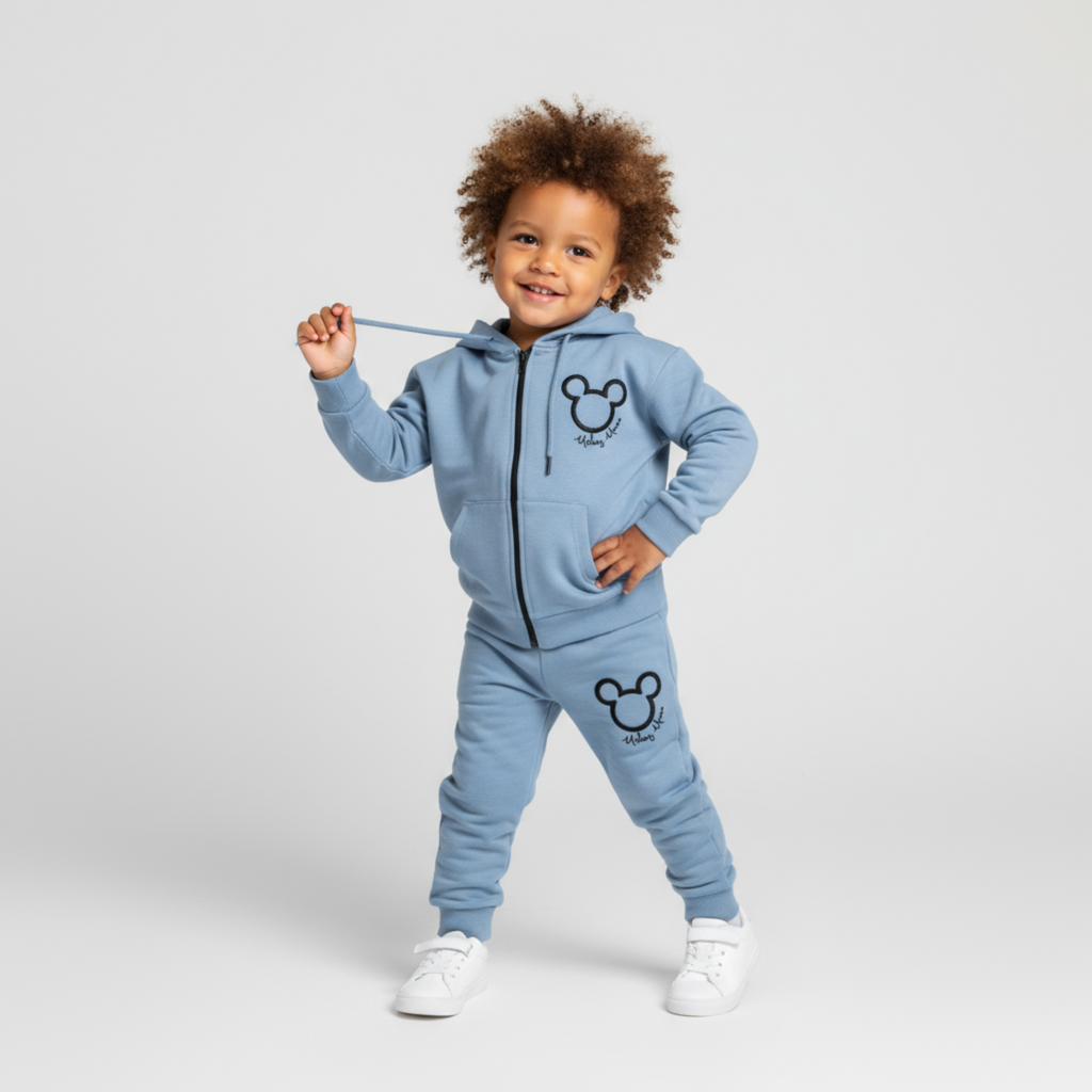 Boys navy blue cotton jogger set featuring a zip-up hoodie and matching elastic waist sweatpants — view 2
