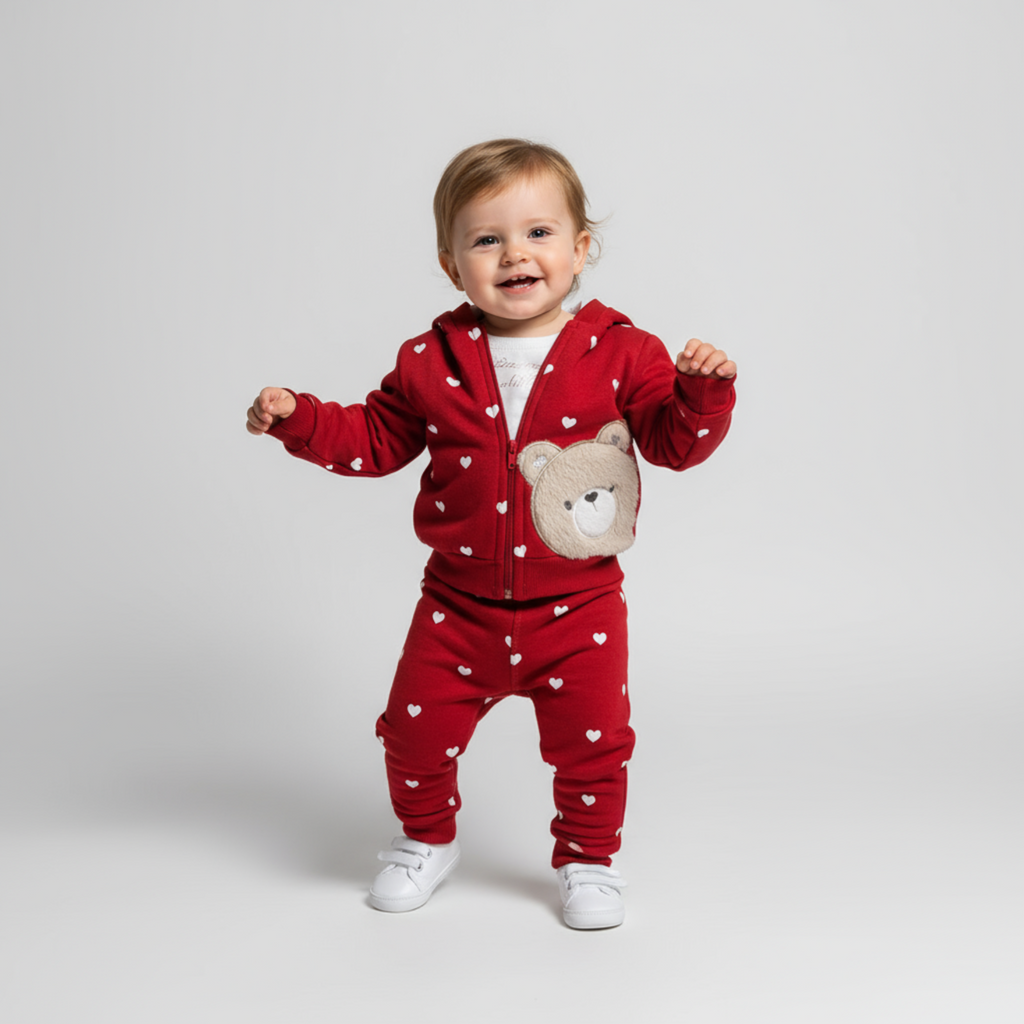 Lovely bear girls jogger set featuring a heart print zip up hoodie, tee, and matching pants.