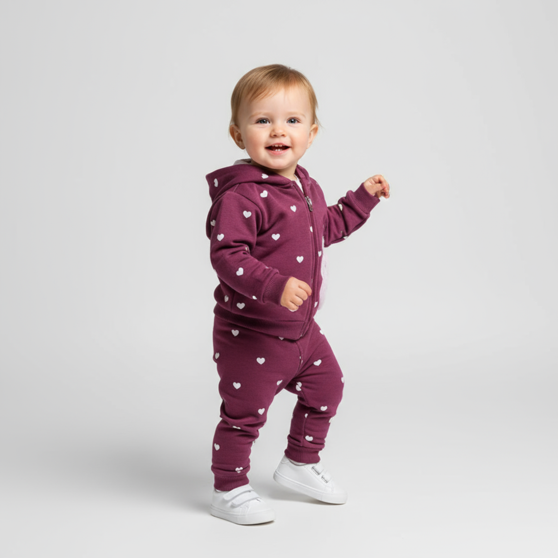 Lovely bear girls jogger set featuring a heart print zip up hoodie, tee, and matching pants. — view 3