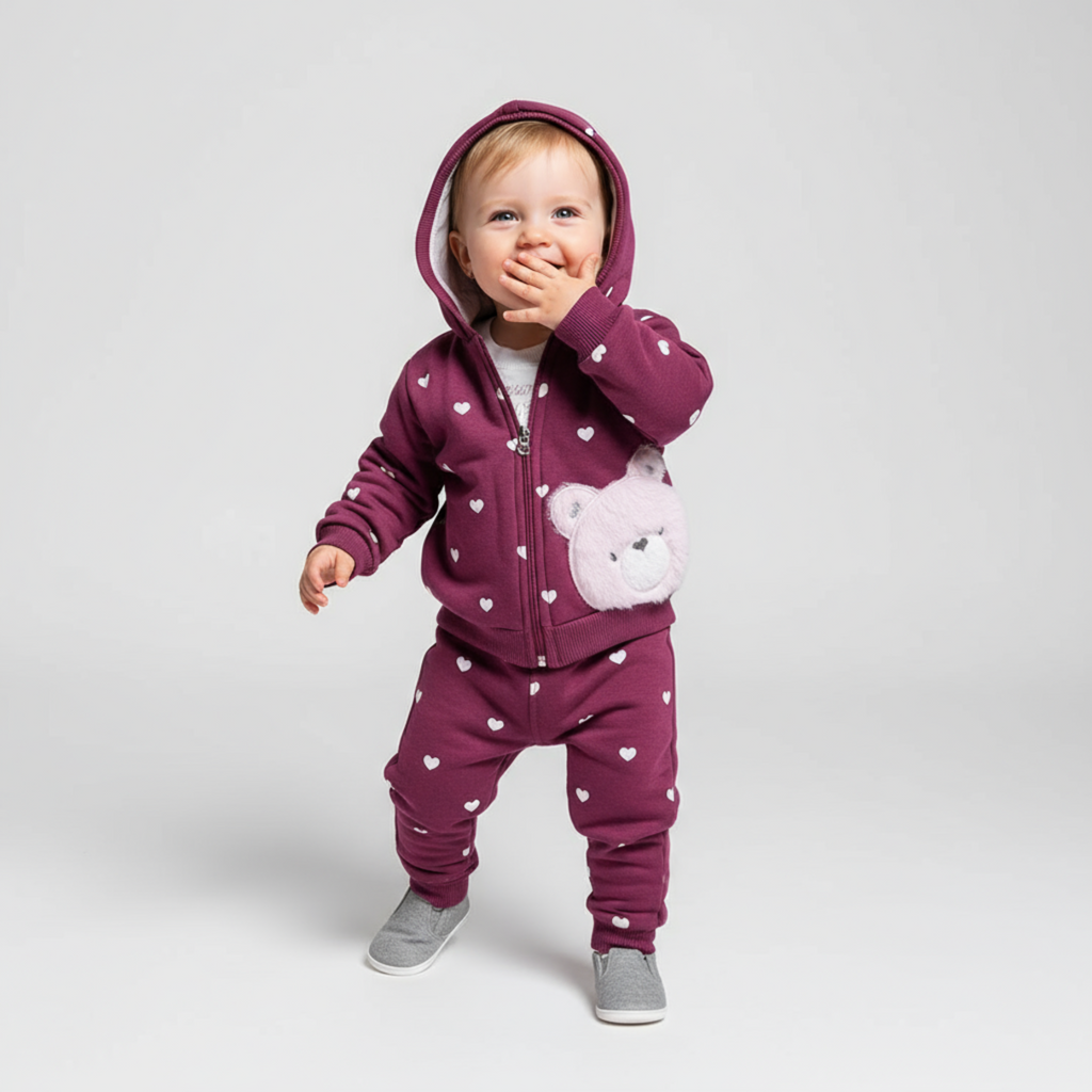 Lovely bear girls jogger set featuring a heart print zip up hoodie, tee, and matching pants. — view 2
