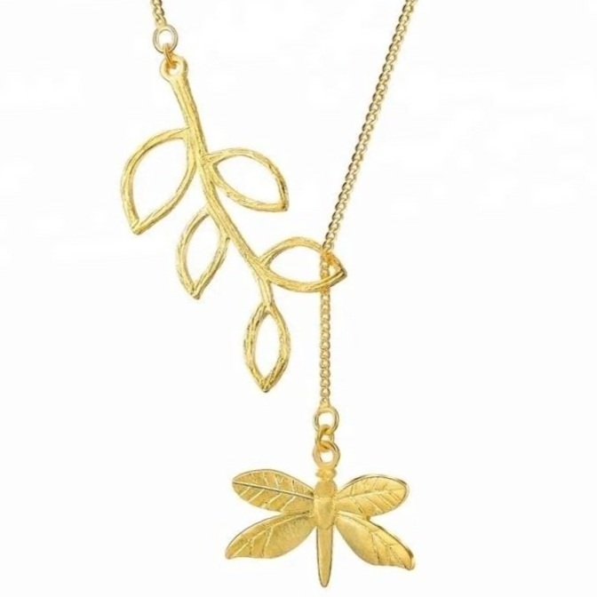 925 Sterling Silver Gold Plated Nature Inspired Dragonfly & Leaf Necklace-0
