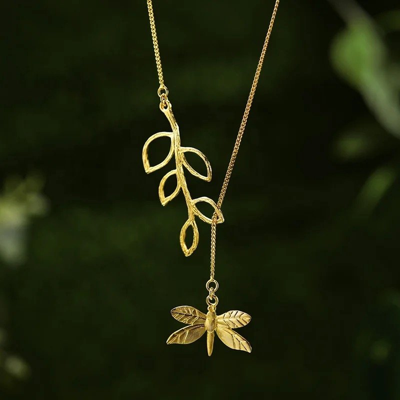 925 Sterling Silver Gold Plated Nature Inspired Dragonfly & Leaf Necklace-5
