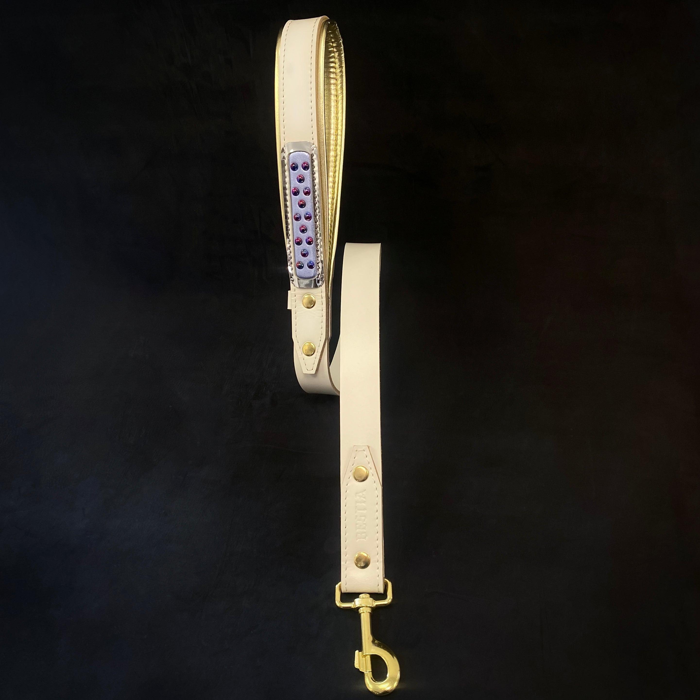 White genuine leather wide dog collar with brass plated gold hardware and vibrant candy accents. — view 3
