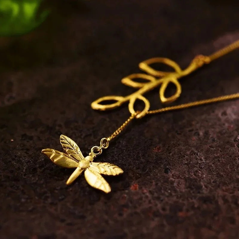 925 Sterling Silver Gold Plated Nature Inspired Dragonfly & Leaf Necklace-4