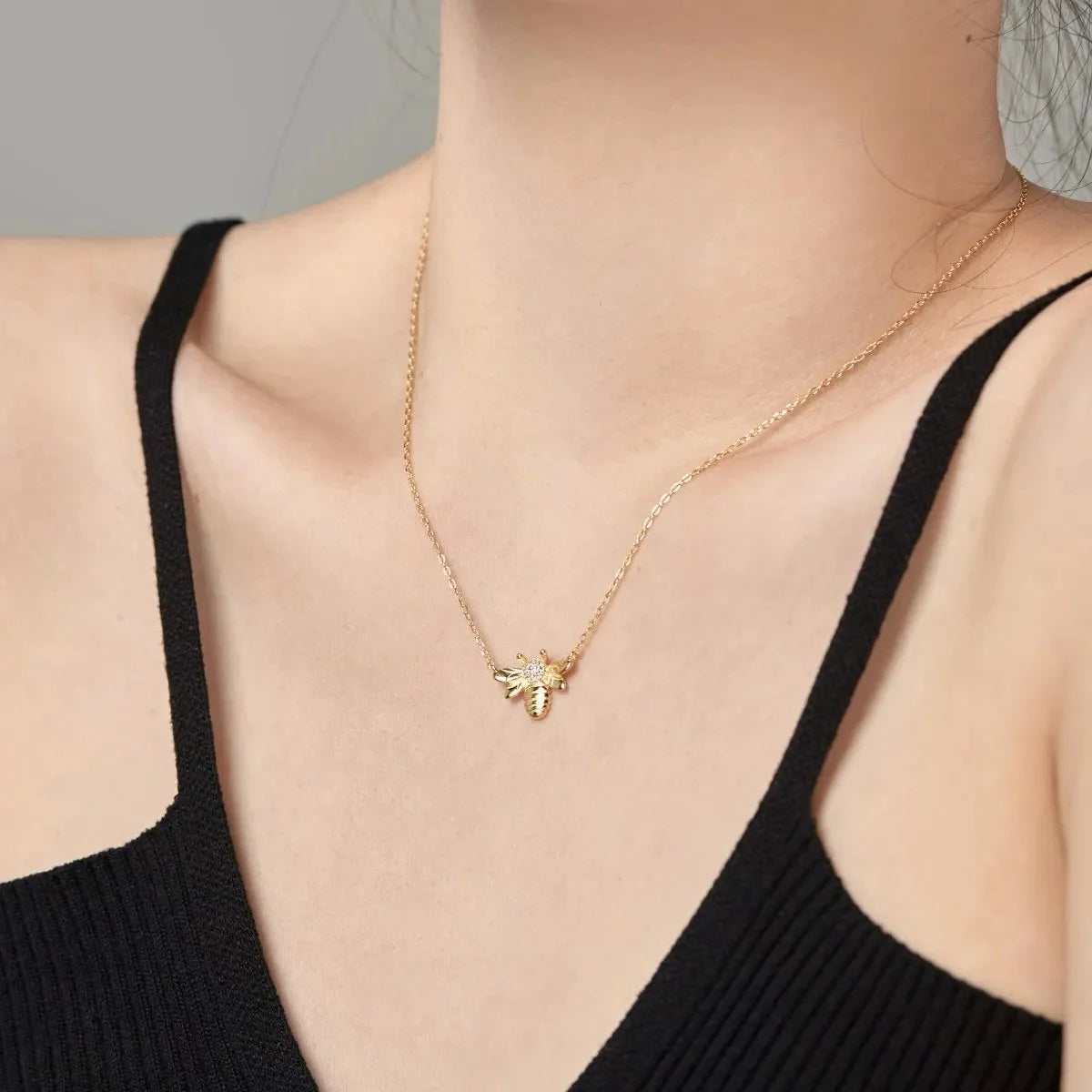 18K Gold Plated 925 Sterling Silver Bee Charm Necklace with Cubic Zirconia-7