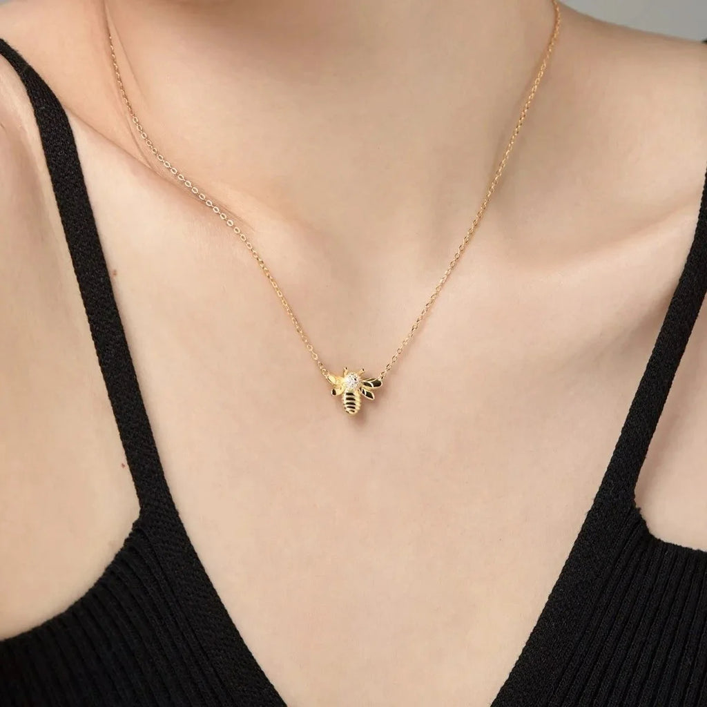 18K Gold Plated 925 Sterling Silver Bee Charm Necklace with Cubic Zirconia-6