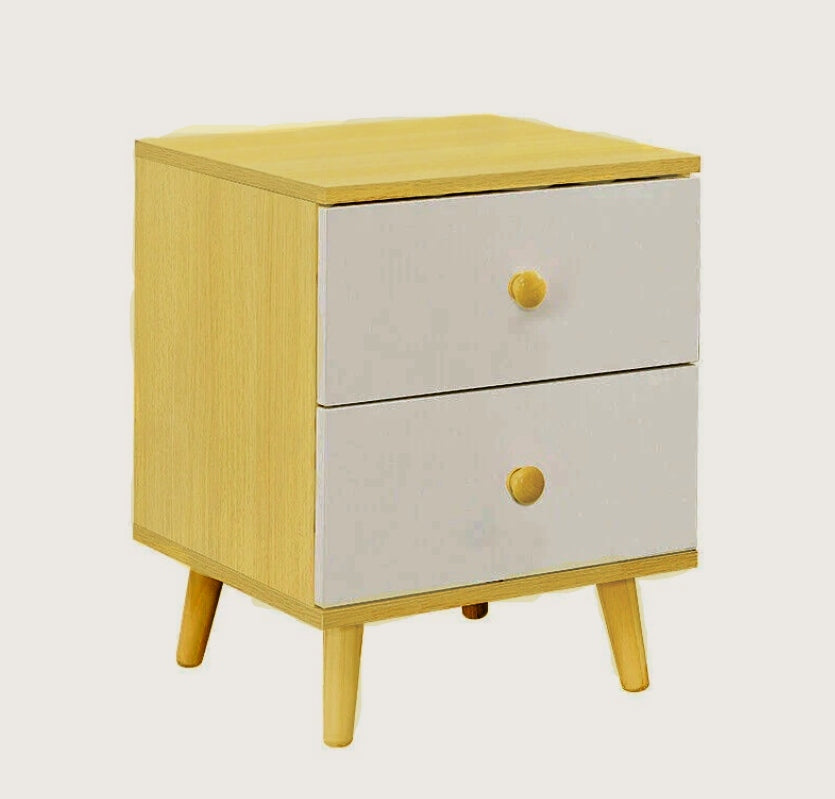 White and pine wooden bedside cabinet with two drawers and solid sturdy farmhouse legs