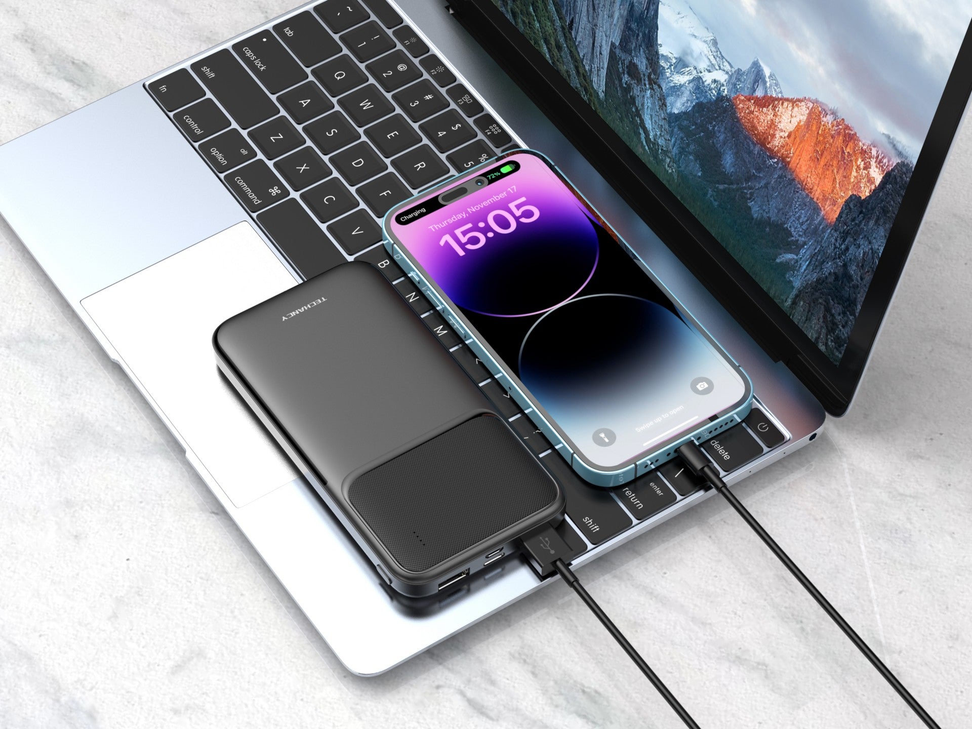 Black 10000mAh portable power bank charger with dual USB ports and crisp LED battery power indicator — view 4