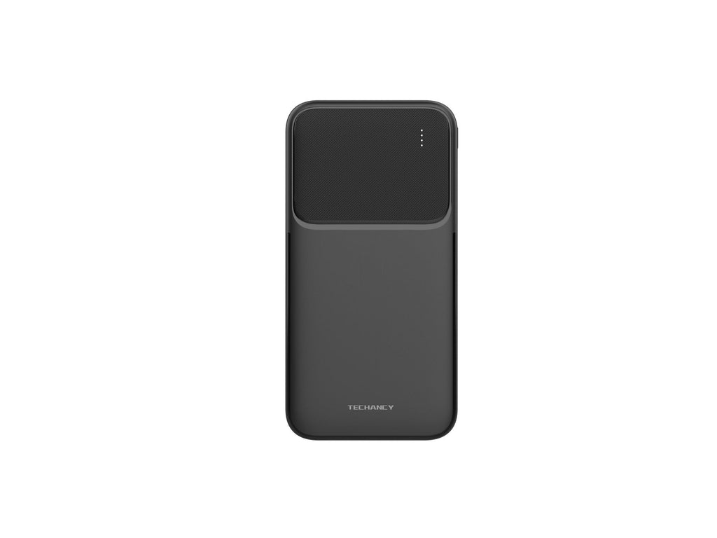 Black 10000mAh portable power bank charger with dual USB ports and crisp LED battery power indicator — view 2