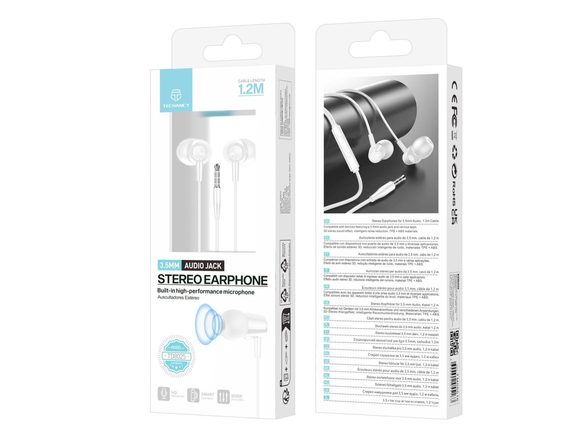 White wired in-ear earbuds with soft silicone tips, flexible cable, and in-line control microphone — view 5