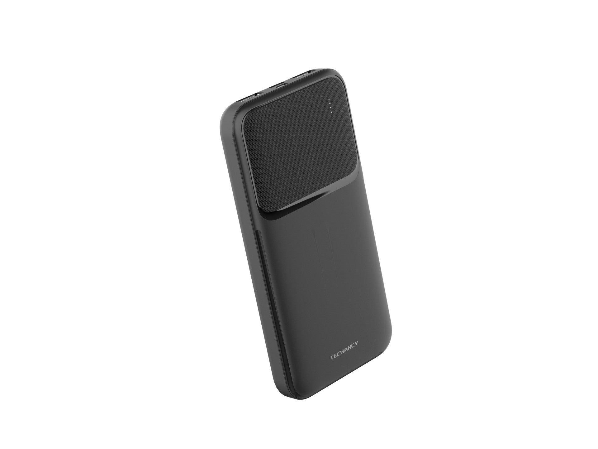 Black 10000mAh portable power bank charger with dual USB ports and crisp LED battery power indicator