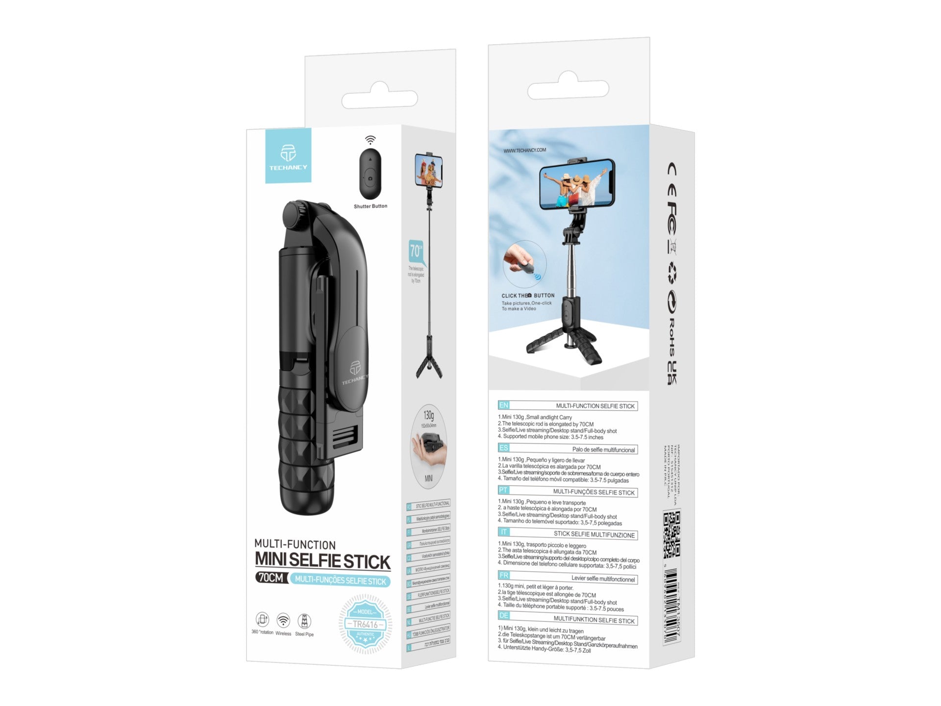 Black mini foldable smartphone selfie stick and tripod stand with wireless remote control — view 2