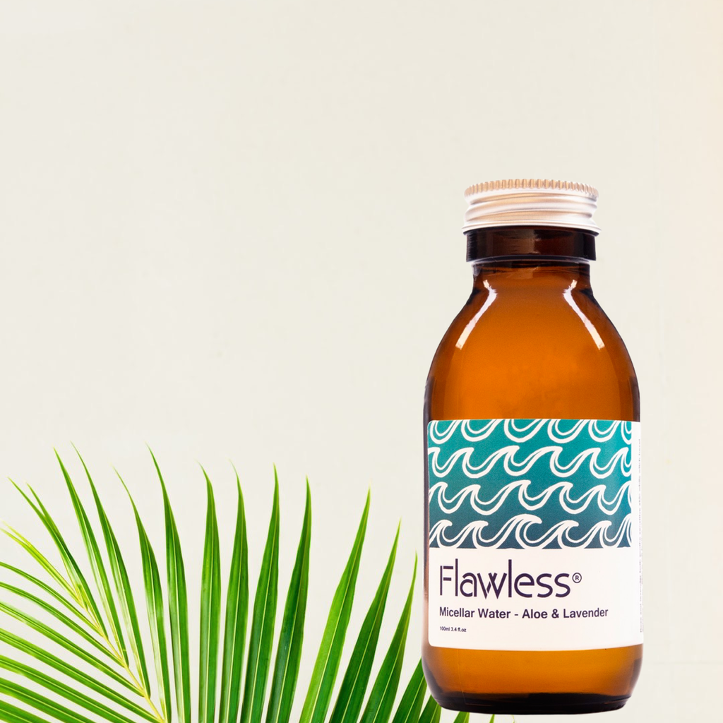 Micellar water in clear glass bottle with aluminum lid, infused with aloe vera and lavender — view 5