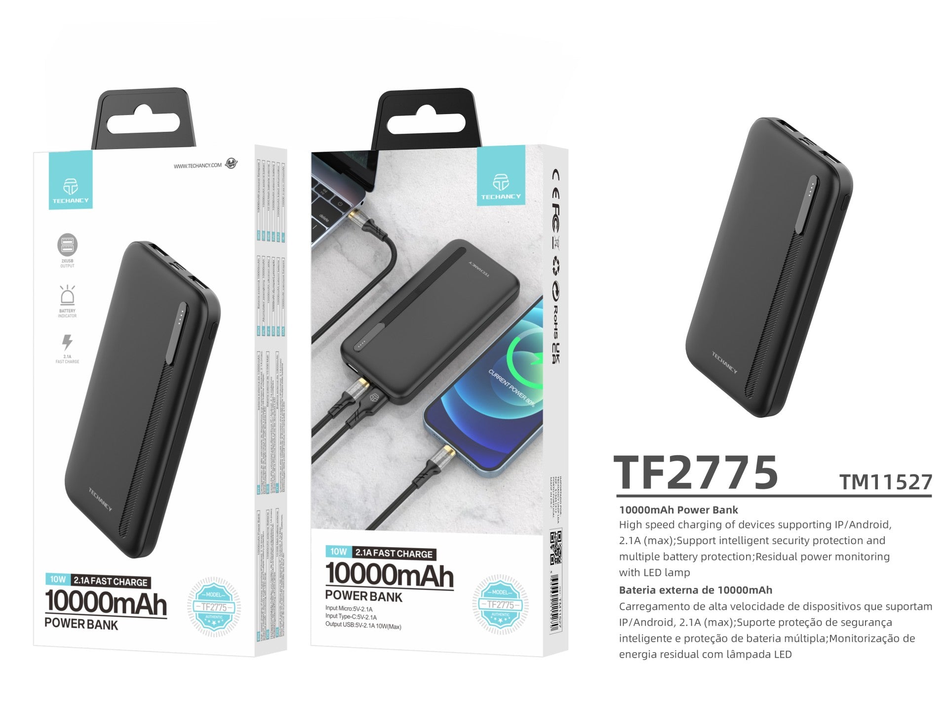 Black 10000mAh portable power bank with dual USB ports and LED battery indicator lights — view 3