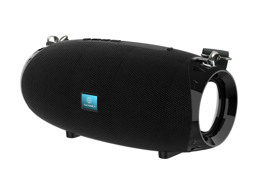 Black Techancy wireless Bluetooth speaker with sleek design and built in multi function control buttons