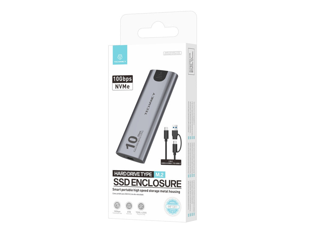 Grey portable aluminum M.2 NVMe SSD enclosure with USB-C data transfer cable — view 4
