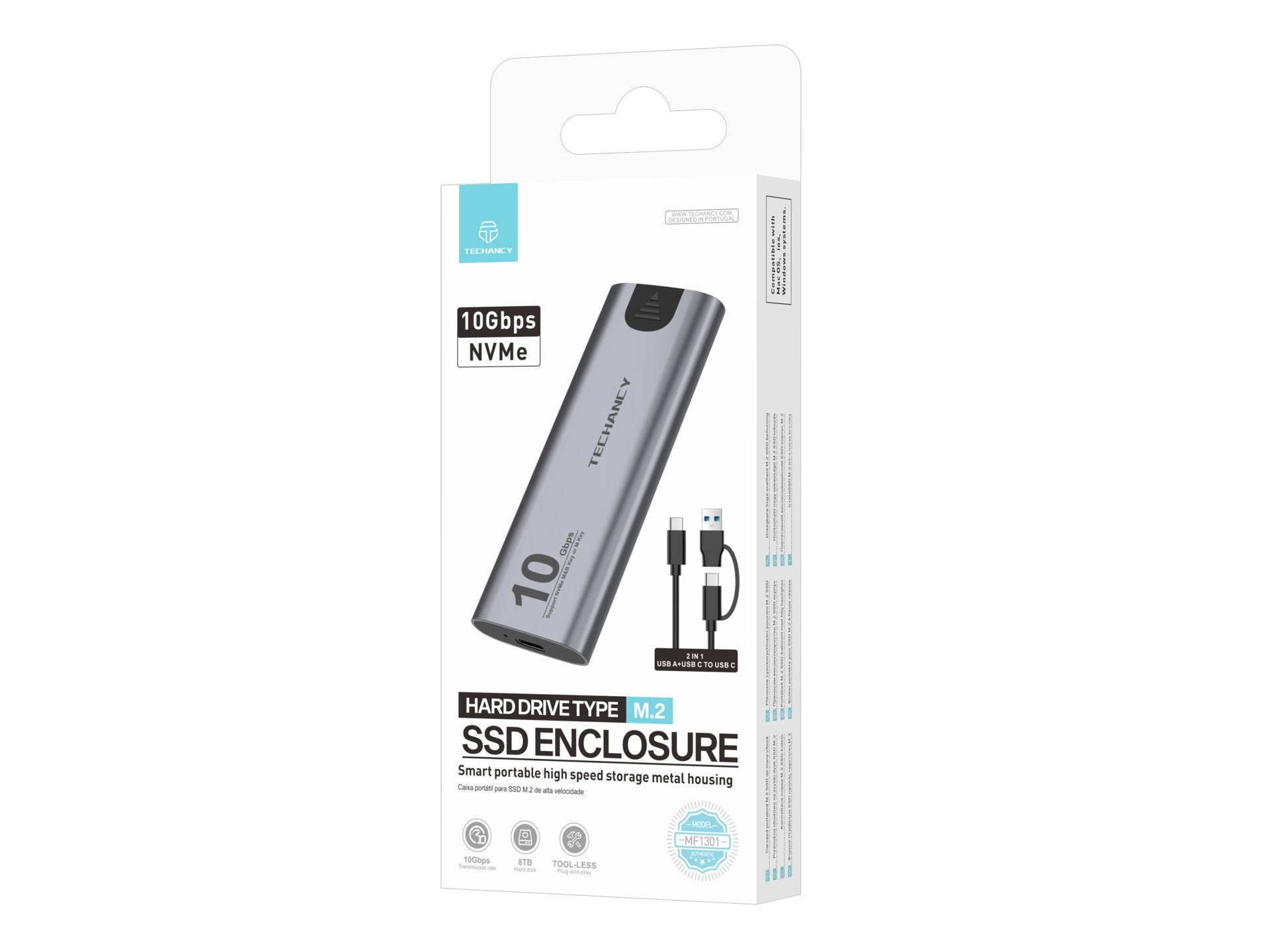Grey portable aluminum M.2 NVMe SSD enclosure with USB-C data transfer cable — view 4