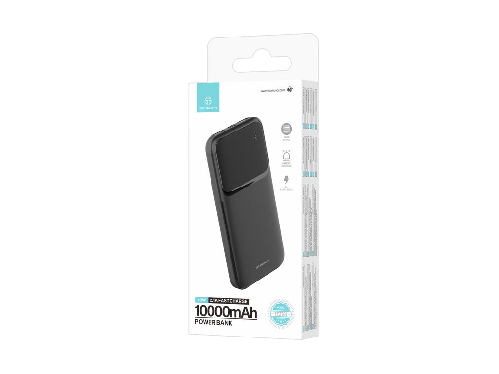Black 10000mAh portable power bank charger with dual USB ports and crisp LED battery power indicator — view 5