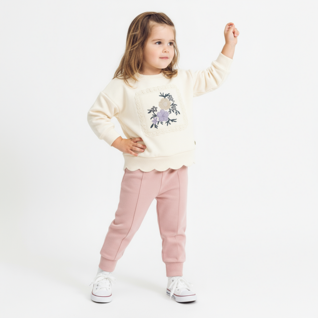 Cotton two-piece baby girls jogger set featuring floral embroidery, scalloped hem, and elastic waist pants. — view 2