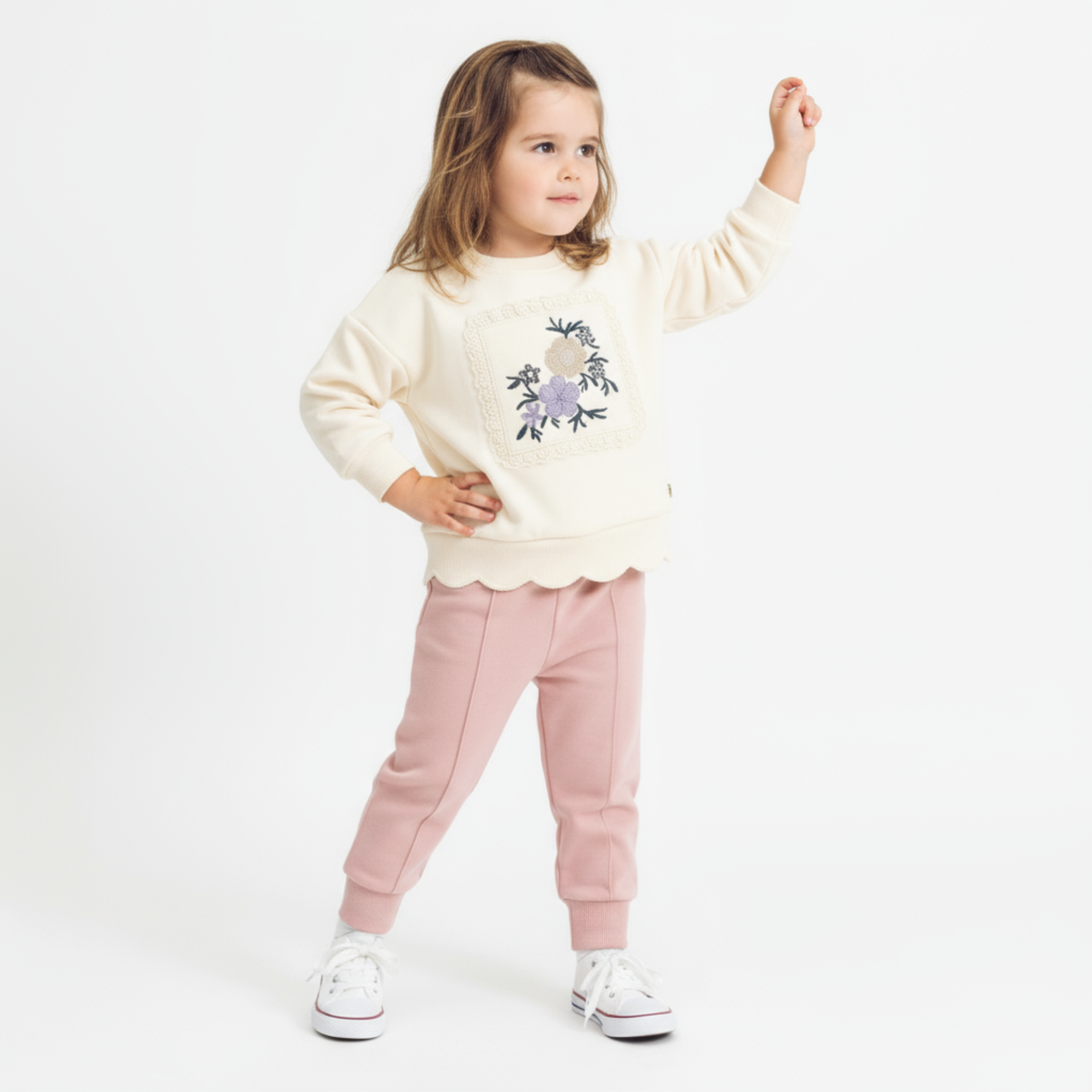Cotton two-piece baby girls jogger set featuring floral embroidery, scalloped hem, and elastic waist pants. — view 2