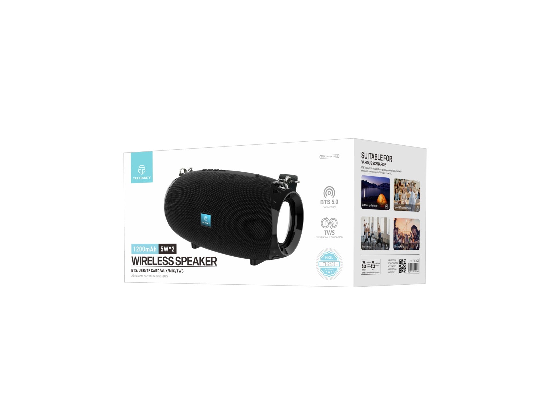 Black Techancy wireless Bluetooth speaker with sleek design and built in multi function control buttons — view 5