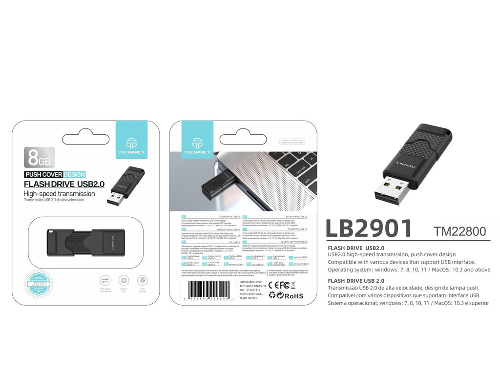 Black 8GB USB 2.0 flash drive with protective push cap and compact portable design — view 5