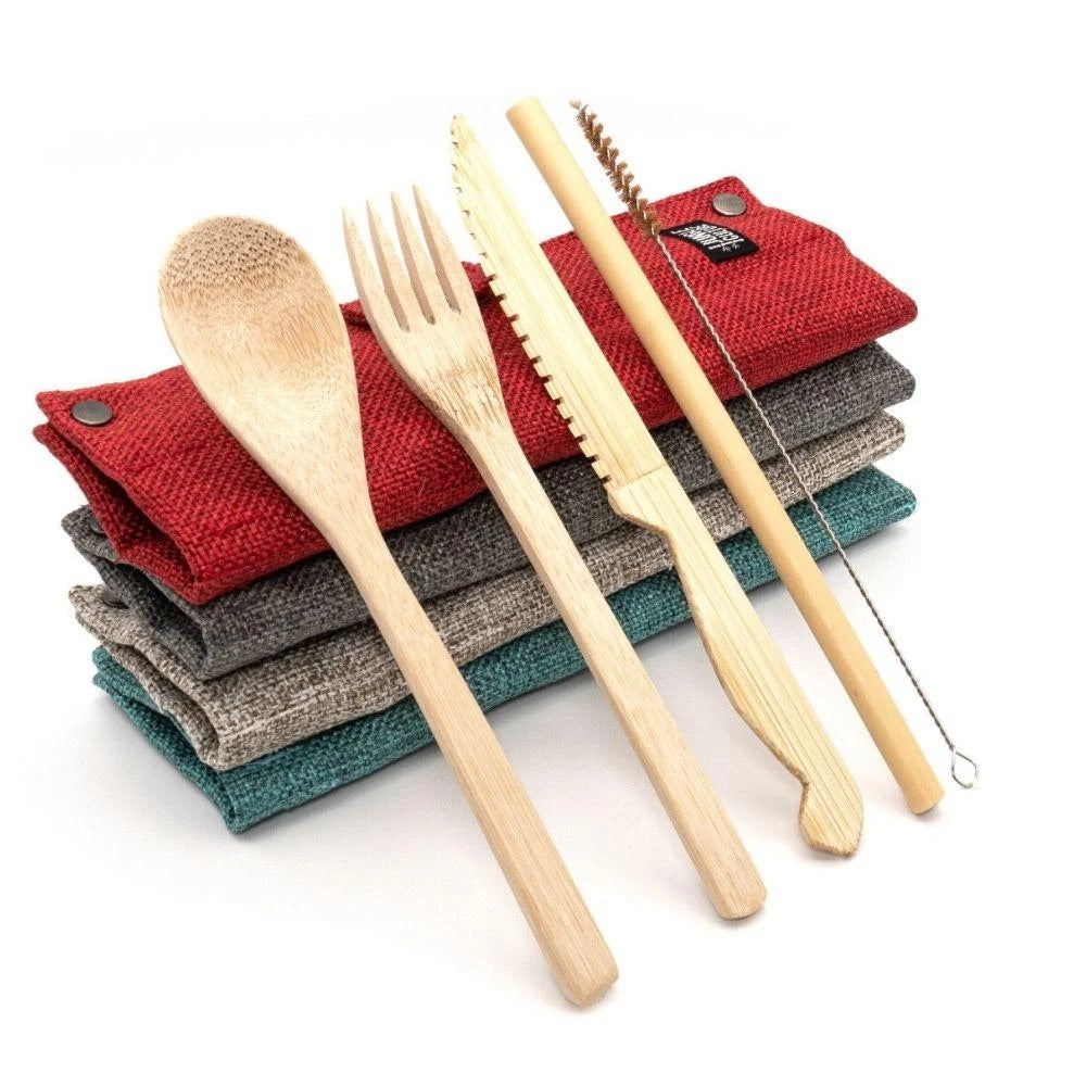 Organic bamboo travel cutlery set with fabric pouch including knife fork spoon and reusable straw