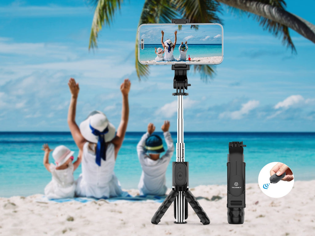 Black mini foldable smartphone selfie stick and tripod stand with wireless remote control — view 4