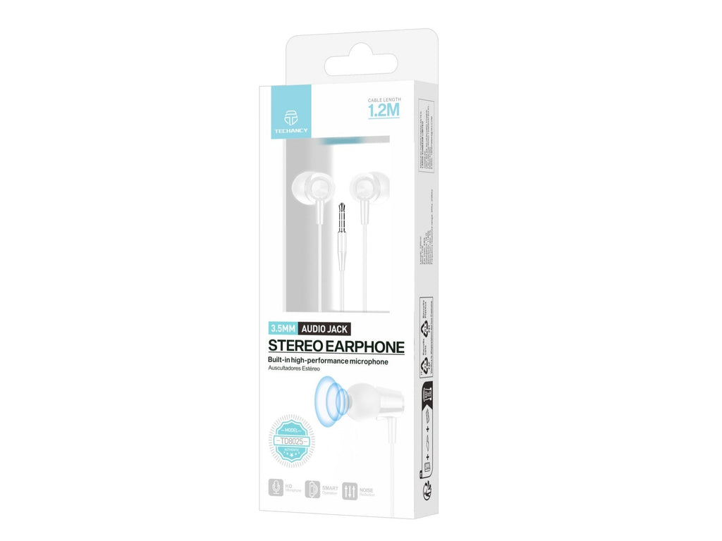 White wired in-ear earbuds with soft silicone tips, flexible cable, and in-line control microphone — view 4