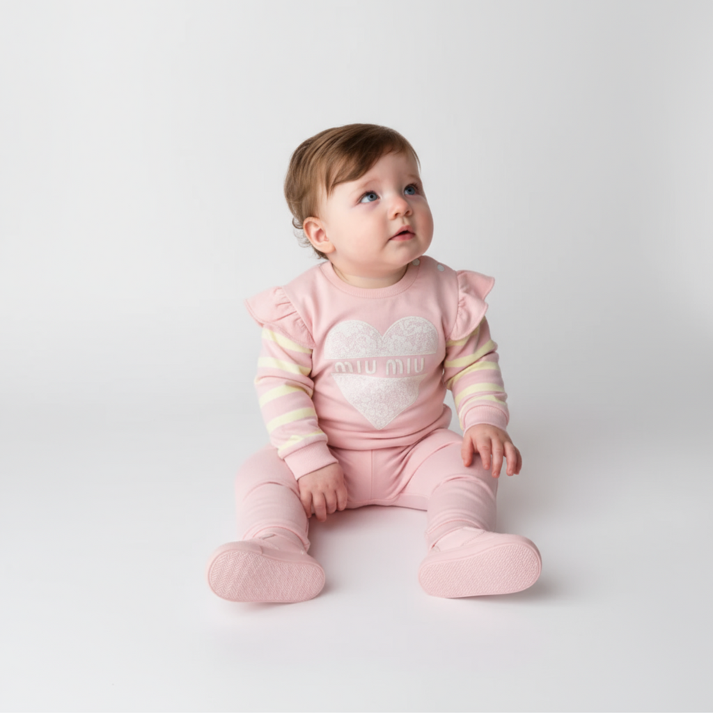 Girls jogger set in 100% cotton with a striped heart top and elastic waist pants