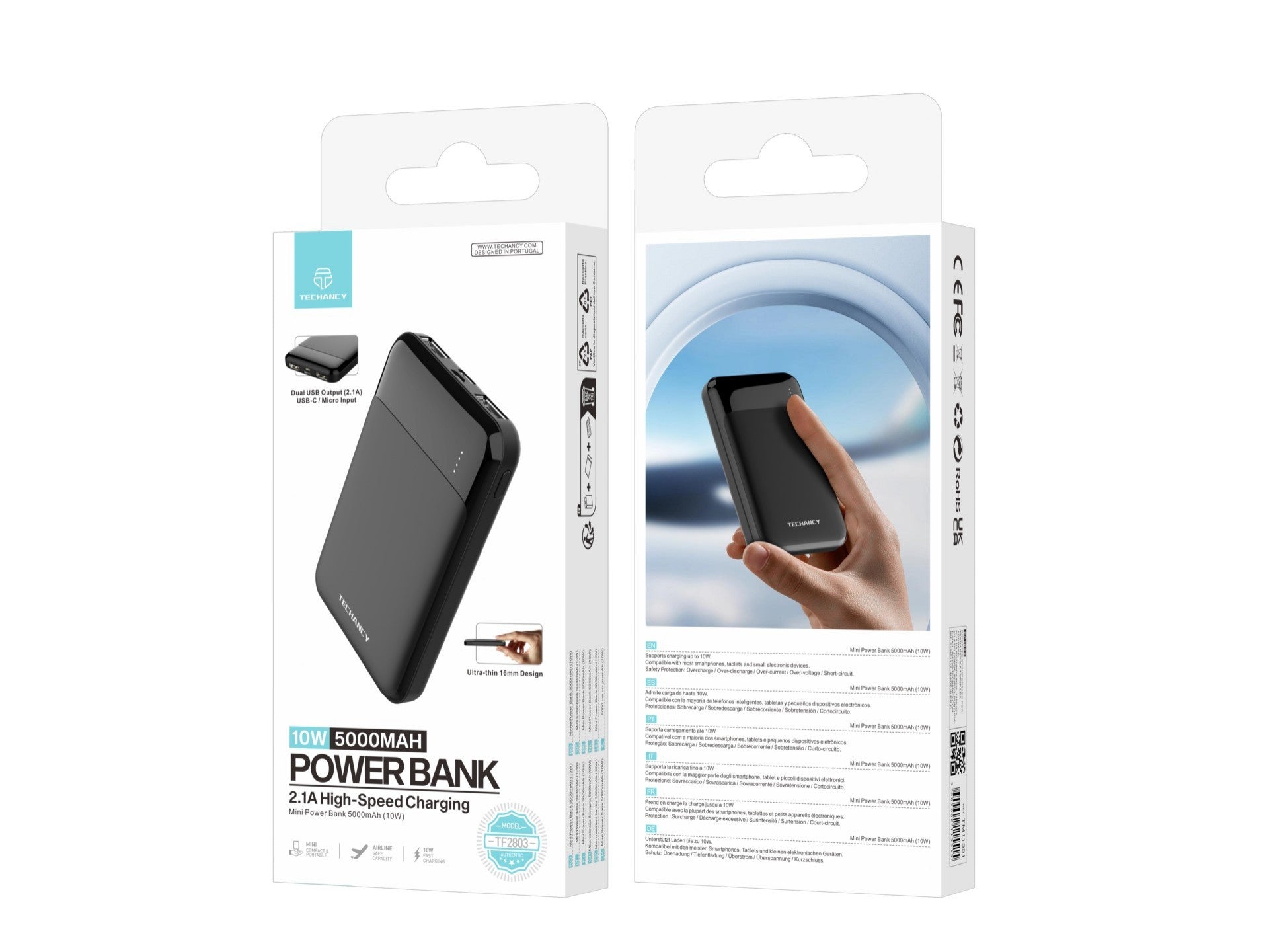 Black ultra-slim 5000mAh portable power bank with dual USB ports and battery indicator lights — view 5