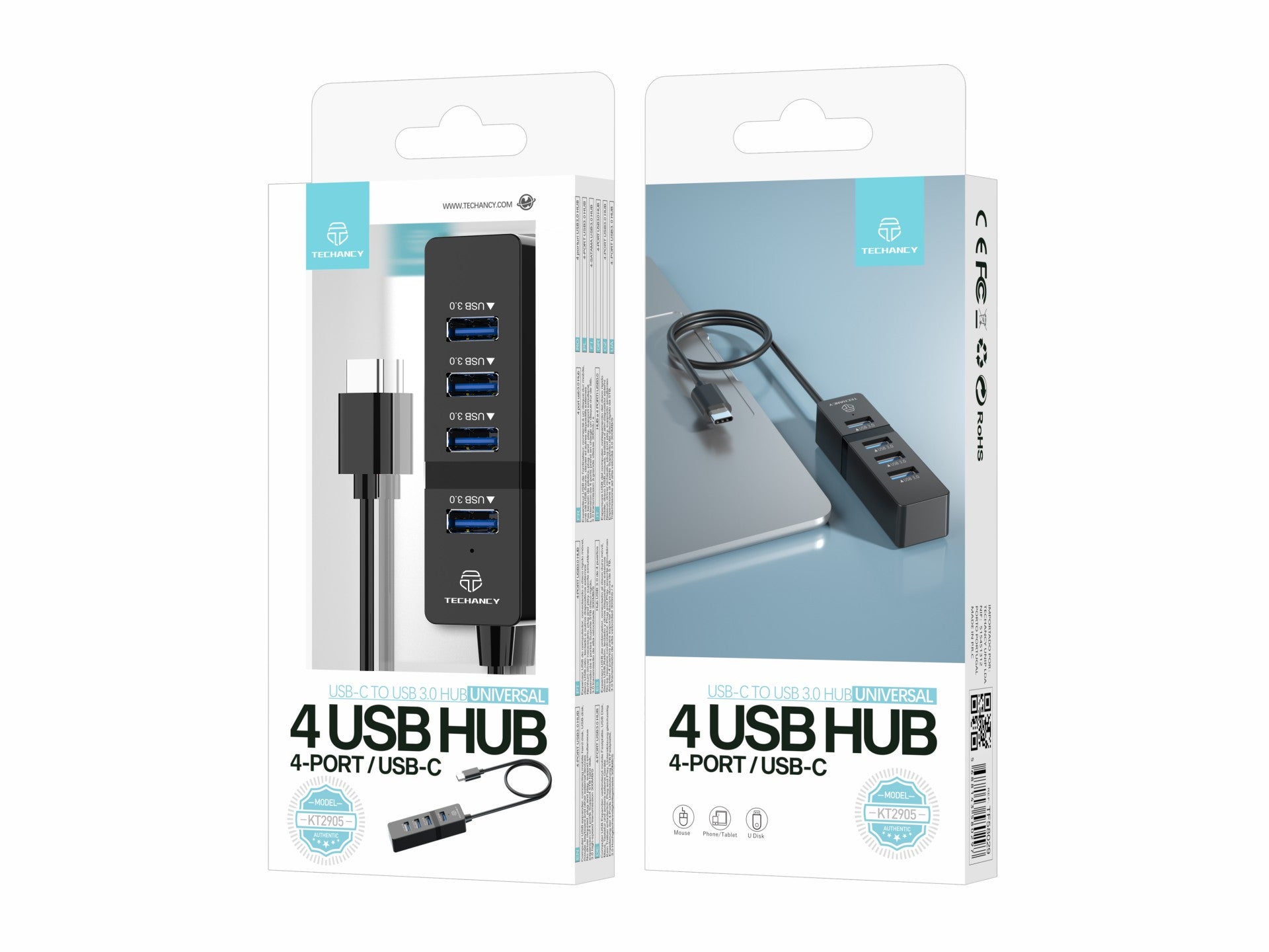 Sleek black aluminum USB-C hub adapter with four USB-A ports for laptop desktop computer expansion — view 2