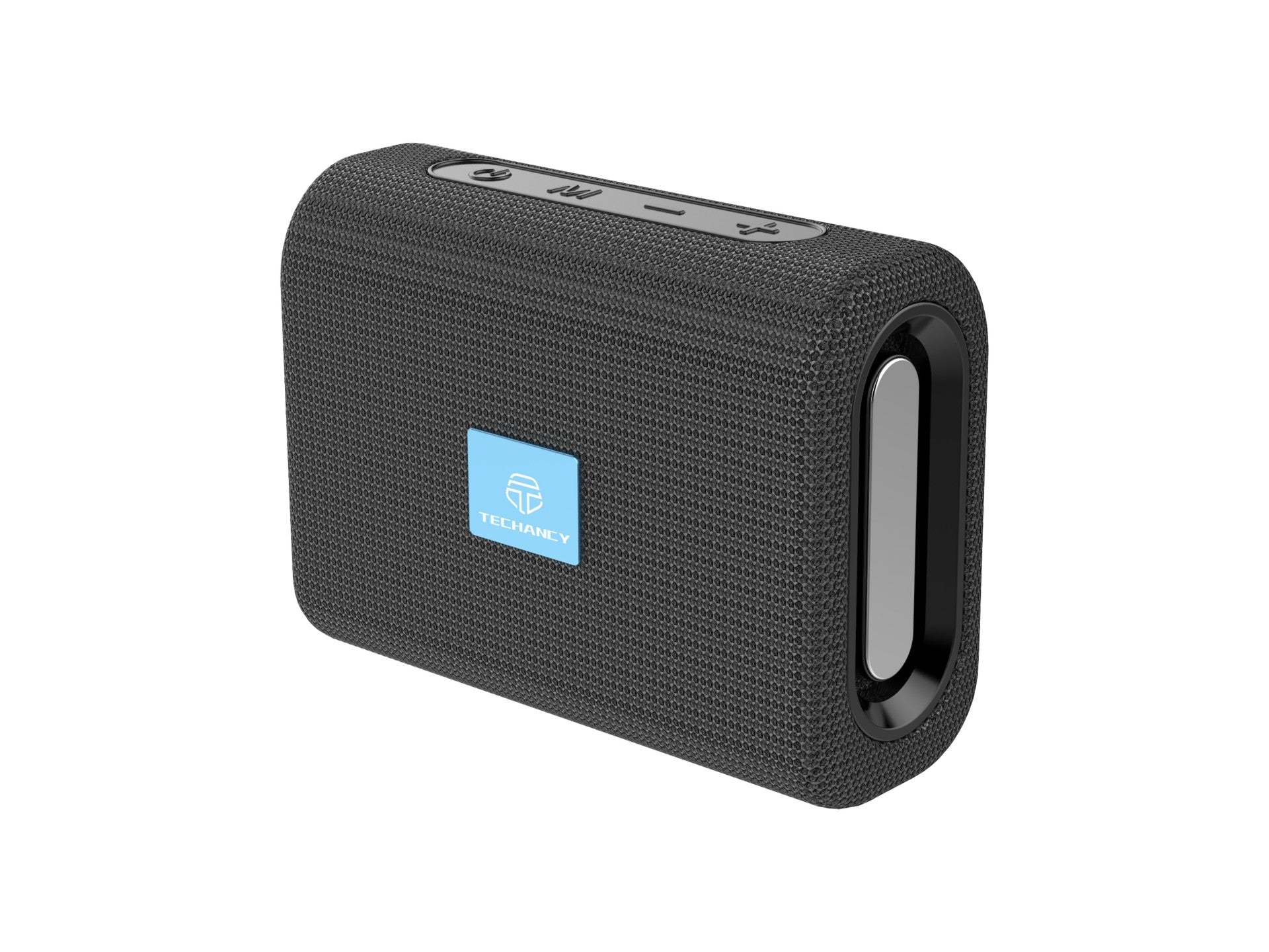 Mini wireless portable speaker in black, featuring tactile control buttons and compact travel-friendly design