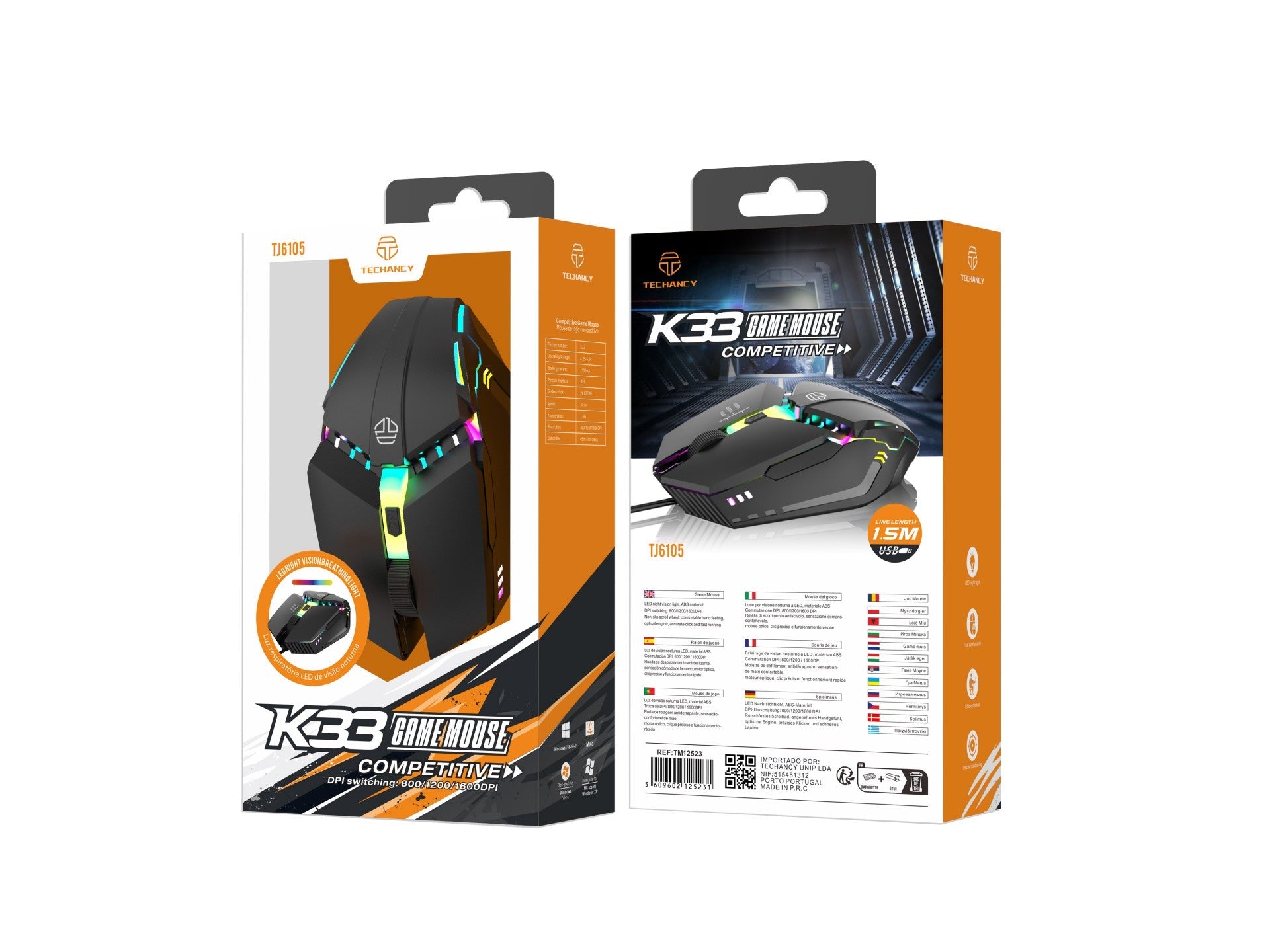 Wired Techancy gaming mouse in black with glowing LED lights and ergonomic anti-slip scroll wheel — view 2