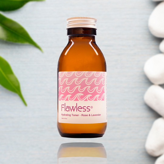 Hydrating rose and lavender facial toner in a recycled glass bottle with aluminum lid
