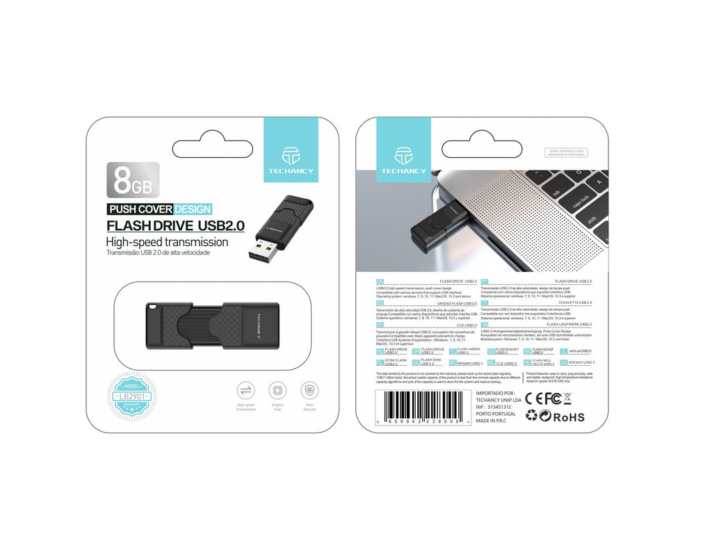 Black 8GB USB 2.0 flash drive with protective push cap and compact portable design — view 4