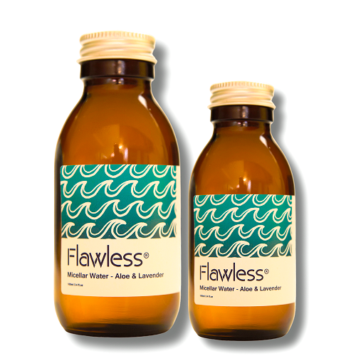 Micellar water in clear glass bottle with aluminum lid, infused with aloe vera and lavender