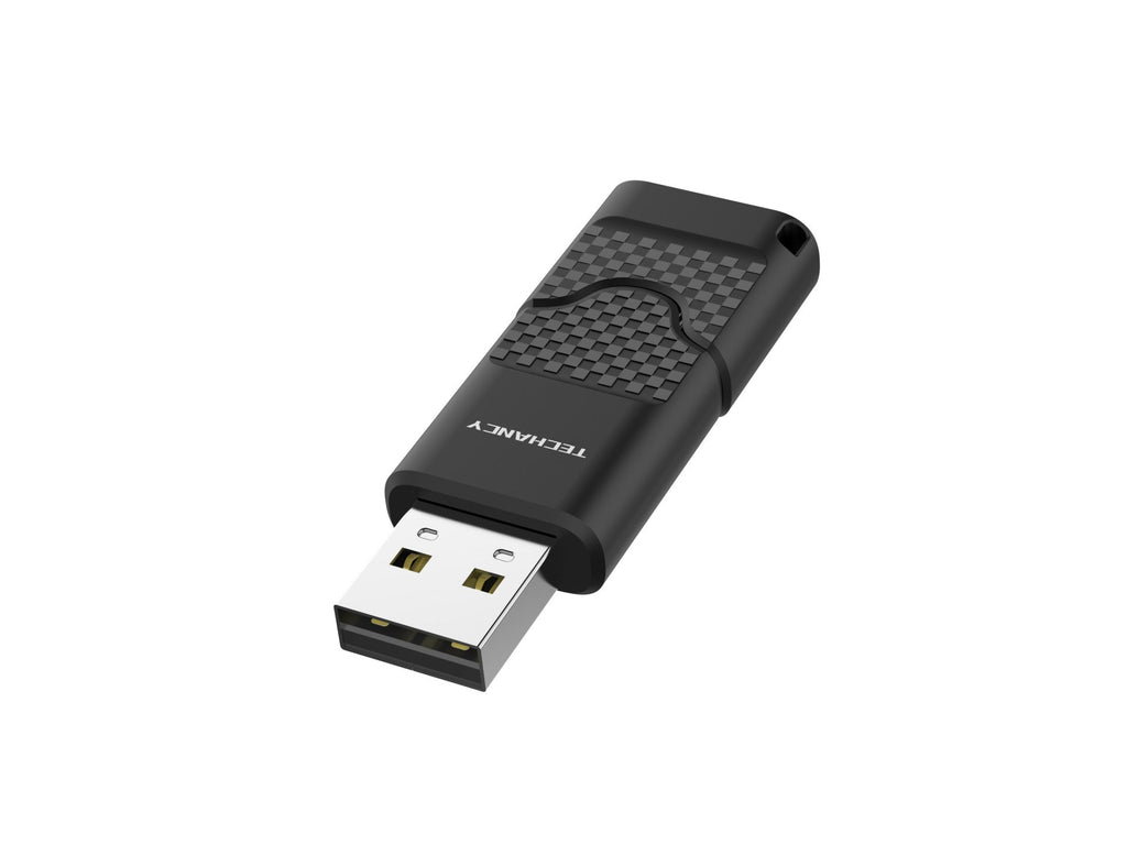 Black 8GB USB 2.0 flash drive with protective push cap and compact portable design