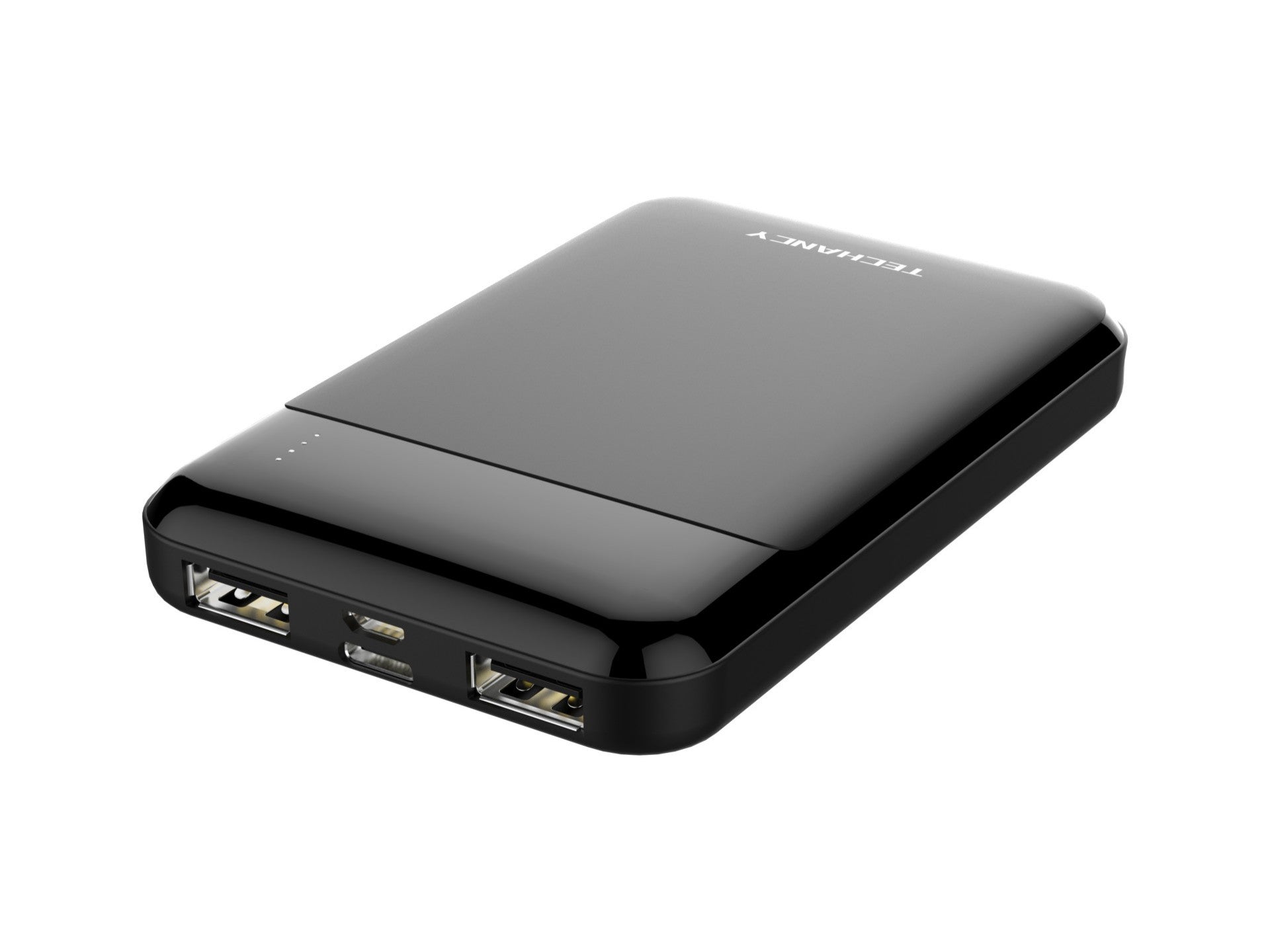 Black ultra-slim 5000mAh portable power bank with dual USB ports and battery indicator lights — view 2
