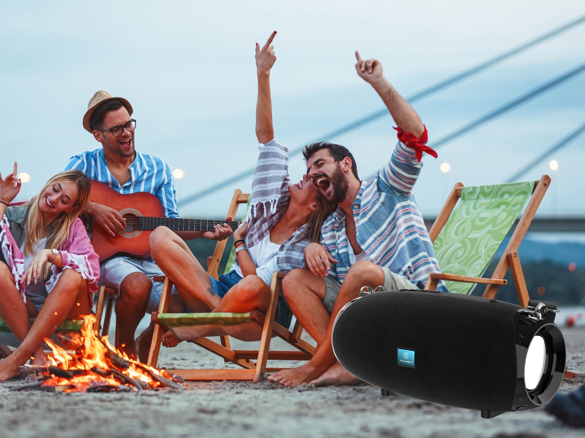 Black Techancy wireless Bluetooth speaker with sleek design and built in multi function control buttons — view 4