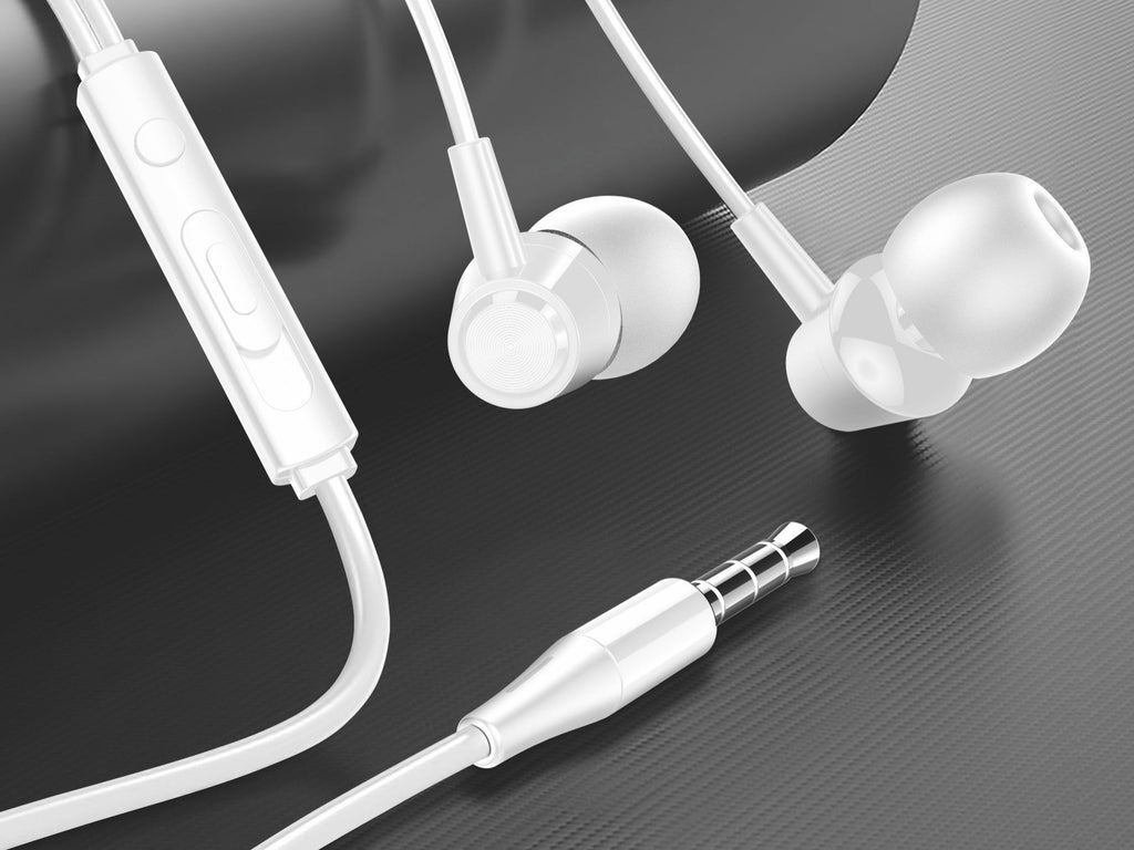 White wired in-ear earbuds with soft silicone tips, flexible cable, and in-line control microphone — view 3