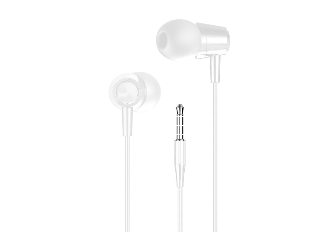 White wired in-ear earbuds with soft silicone tips, flexible cable, and in-line control microphone