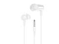 White wired in-ear earbuds with soft silicone tips, flexible cable, and in-line control microphone