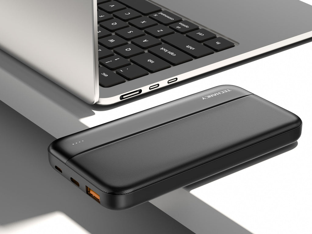 Black Techancy 10000mAh fast charging portable power bank with dual USB ports and LED power indicators — view 4