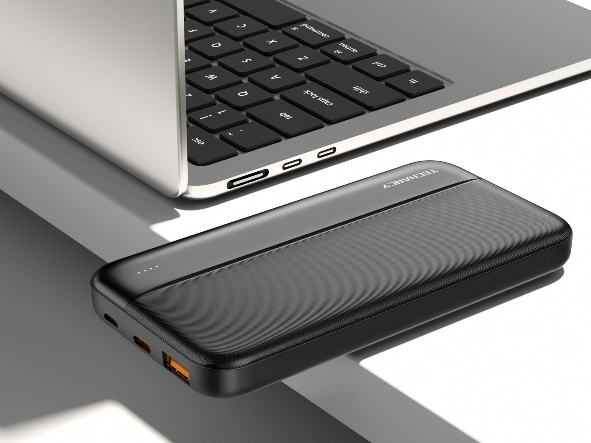 Black Techancy 10000mAh fast charging portable power bank with dual USB ports and LED power indicators — view 4