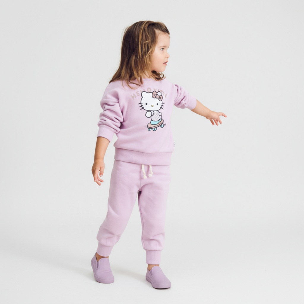 Girls Hello Kitty jogger set in soft pink cotton featuring crewneck sweatshirt and matching drawstring pants — view 2