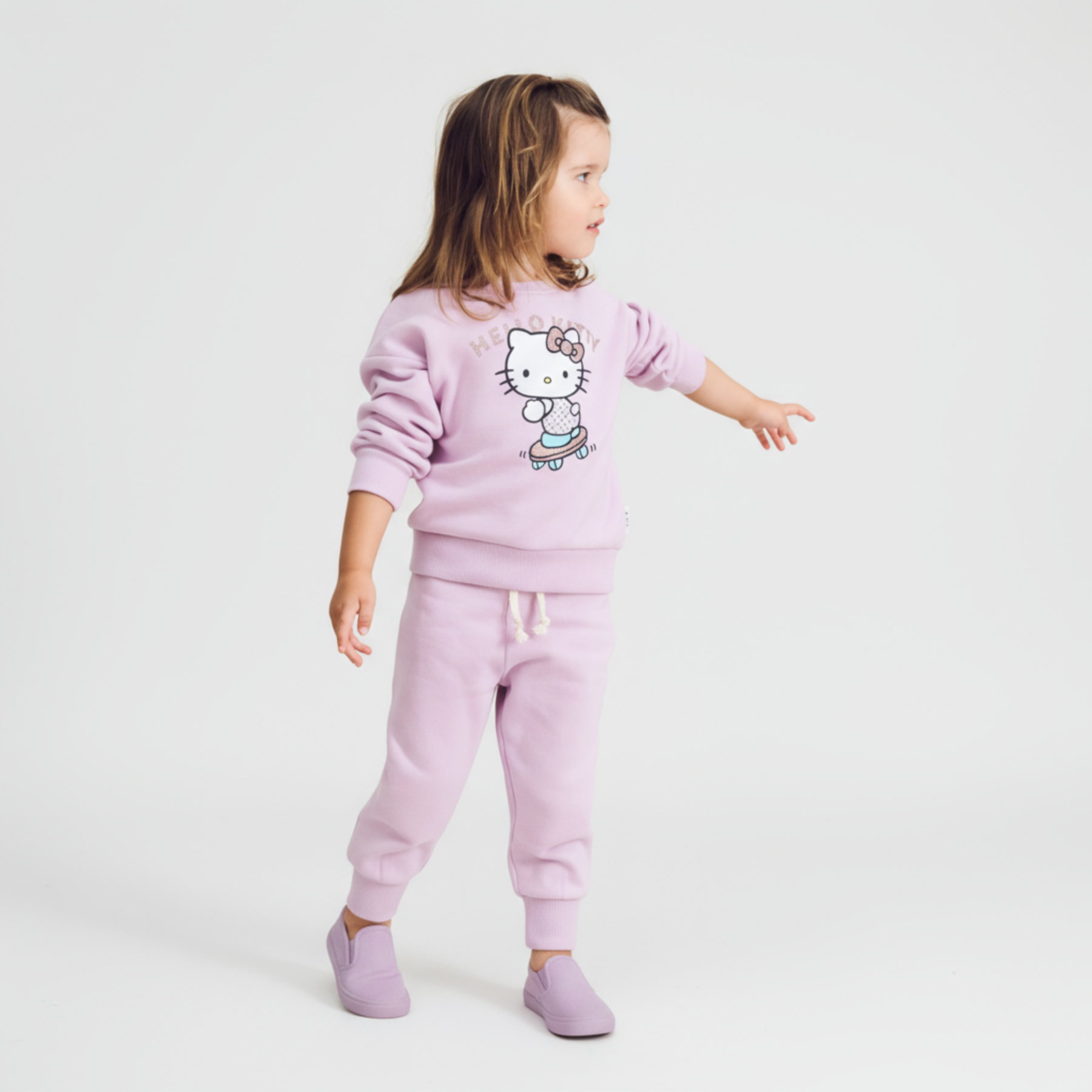 Girls Hello Kitty jogger set in soft pink cotton featuring crewneck sweatshirt and matching drawstring pants — view 2