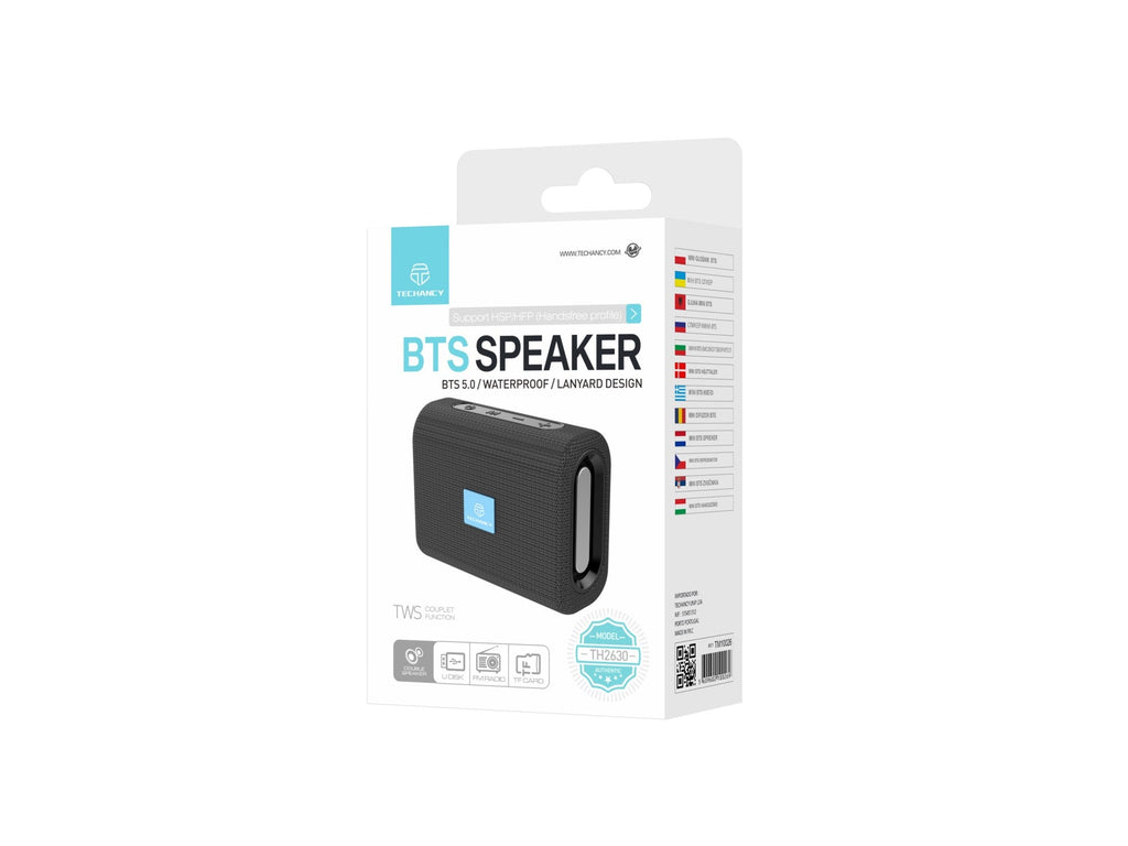 Mini wireless portable speaker in black, featuring tactile control buttons and compact travel-friendly design — view 3
