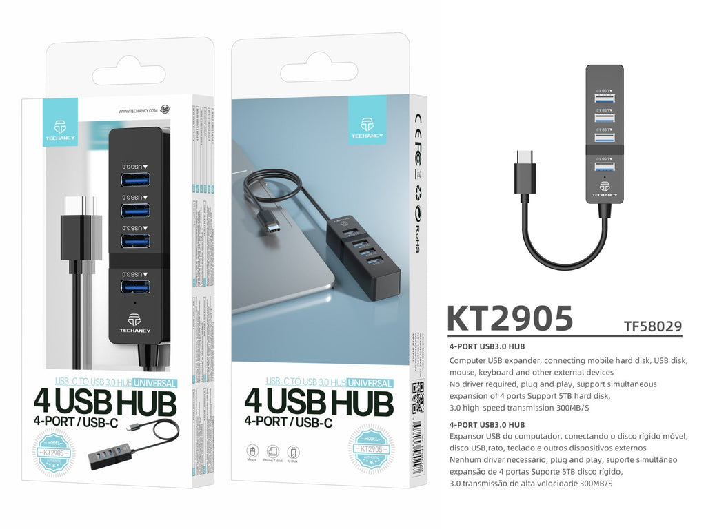 Sleek black aluminum USB-C hub adapter with four USB-A ports for laptop desktop computer expansion — view 3